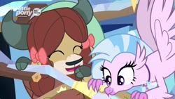 Size: 1920x1080 | Tagged: safe, imported from derpibooru, screencap, silverstream, yona, classical hippogriff, hippogriff, yak, uprooted, bow, cloven hooves, cute, diastreamies, female, hair bow, monkey swings, yonadorable