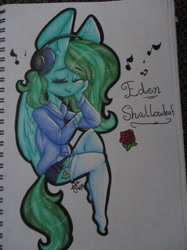 Size: 1280x1707 | Tagged: safe, artist:thecheekycherry, imported from derpibooru, oc, oc only, oc:eden shallowleaf, anthro, clothes, eyes closed, flower, headphones, hoodie, rose, shorts, smiling, socks, thigh highs, traditional art