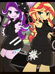 Size: 768x1024 | Tagged: safe, artist:erufi, imported from derpibooru, starlight glimmer, sunset shimmer, equestria girls, beanie, duo, female, gangsta, grin, hat, lidded eyes, nail polish, peace sign, smiling
