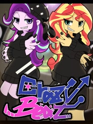 Size: 768x1024 | Tagged: safe, artist:erufi, imported from derpibooru, starlight glimmer, sunset shimmer, equestria girls, beanie, duo, female, gangsta, graffiti, grin, hat, lidded eyes, nail polish, peace sign, smiling
