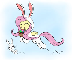 Size: 1200x1000 | Tagged: safe, artist:mew-me, imported from derpibooru, angel bunny, fluttershy, pegasus, pony, rabbit, animal, animal costume, bunny costume, bunny ears, bunnyshy, clothes, costume, cute, daaaaaaaaaaaw, duo, easter, easter bunny, easter egg, eyes closed, gradient background, hnnng, holiday, hopping, mouth hold, pronking, shyabetes