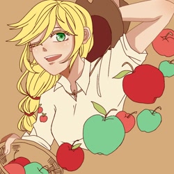 Size: 1000x1000 | Tagged: safe, artist:dez, imported from derpibooru, applejack, human, apple, bust, colored eyelashes, cute, female, food, humanized, jackabetes, looking at you, one eye closed, open mouth, solo, wink