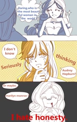 Size: 1000x1580 | Tagged: safe, artist:dez, imported from derpibooru, applejack, rarity, human, anime, audrey hepburn, blood, comic, cute, eyes closed, fake smile, female, humanized, jackabetes, lesbian, marilyn monroe, oblivious, raribetes, rarijack, screaming internally, shipping, smiling