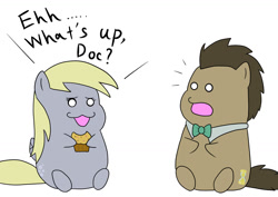Size: 1200x850 | Tagged: safe, artist:iroenpitu_nico, imported from derpibooru, derpy hooves, doctor whooves, time turner, :3, bugs bunny, chibi, cute, derpabetes, dialogue, doctorbetes, duo, food, muffin, open mouth, pixiv, simple background, sitting, white background