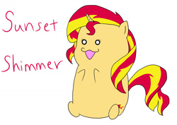 Size: 1200x850 | Tagged: safe, artist:iroenpitu_nico, imported from derpibooru, sunset shimmer, pony, unicorn, chibi, cute, female, open mouth, pixiv, shimmerbetes, simple background, solo, white background