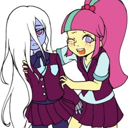 Size: 424x424 | Tagged: safe, artist:doktor-d, imported from derpibooru, sour sweet, sugarcoat, equestria girls, alternate hairstyle, clothes, cropped, crystal prep academy uniform, duo, female, freckles, hair over one eye, looking at you, loose hair, one eye closed, school uniform, shrunken pupils, simple background, unamused, white background