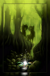 Size: 1782x2700 | Tagged: safe, artist:akurion, imported from derpibooru, pony, unicorn, fanfic:land of the blind, creek, dark, duo, fanfic, fanfic art, fanfic cover, flower, forest, horn, rock, roots, tree, zoom layer