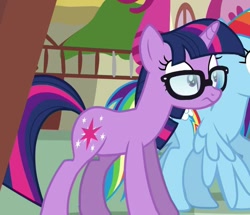 Size: 919x790 | Tagged: safe, imported from derpibooru, screencap, rainbow dash, sci-twi, twilight sparkle, pegasus, pony, unicorn, equestria girls, equestria girls series, spring breakdown, spoiler:eqg series (season 2), cropped, equestria girls ponified, female, glasses, human pony dash, mare, ponified, unicorn sci-twi, wings down
