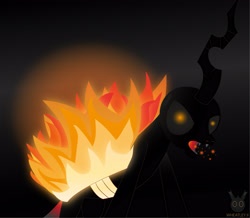 Size: 2931x2551 | Tagged: safe, artist:wheatley r.h., imported from derpibooru, queen chrysalis, angry, black background, burned, deep purple, fangs, fiery wings, fire, fury, gradient background, looking at you, nightmare fuel, simple background, single panel, vector, watermark