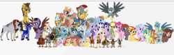 Size: 640x206 | Tagged: artist needed, source needed, safe, artist:iamnater1225, imported from derpibooru, apple bloom, applejack, cozy glow, flash magnus, fluttershy, gabby, gallus, meadowbrook, mistmane, ocellus, pinkie pie, rainbow dash, rarity, rockhoof, sandbar, scootaloo, silverstream, smolder, somnambula, spike, star swirl the bearded, starlight glimmer, stygian, sunset shimmer, sweetie belle, twilight sparkle, yona, oc, oc:orange bloom, oc:zerbeins, alicorn, dragon, earth pony, griffon, hippogriff, pegasus, pony, unicorn, yak, chicken run, crossover, female, filly, male, mare, pillars of equestria, stallion, twilight sparkle (alicorn), winged spike, wings