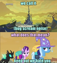 Size: 1280x1416 | Tagged: safe, edit, edited screencap, imported from derpibooru, screencap, starlight glimmer, thorax, trixie, changeling, pony, unicorn, to where and back again, badlands, bare tree, caption, castle, changeling hive, changeling kingdom, descriptive noise, discovery family logo, female, hive, image macro, laika studios, male, mare, missing link, scenery, screech, spire, text, tree, yellow sky