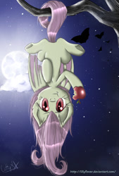 Size: 735x1087 | Tagged: safe, artist:lillyflover, imported from derpibooru, fluttershy, bat, bat pony, :t, apple, bat ponified, cloud, cute, female, flutterbat, food, full moon, hanging, herbivore, looking at you, moon, munching, night, prehensile tail, race swap, shyabates, shyabetes, solo, stars, tree, tree branch, upside down
