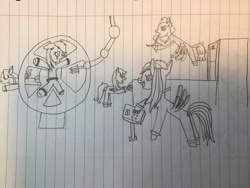 Size: 3264x2448 | Tagged: safe, artist:asiandra dash, artist:rainbow dash is best pony, artist:rainbow factory dash, imported from derpibooru, rainbow dash, scootaloo, oc, pegasus, pony, fanfic:rainbow factory, crying, lineart, lined paper, pegasus device, pencil drawing, rainbow factory dash, traditional art