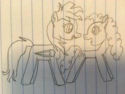 Size: 3264x2448 | Tagged: safe, artist:asiandra dash, artist:rainbow dash is best pony, imported from derpibooru, pinkie pie, rainbow dash, earth pony, pegasus, pony, secrets and pies, cute, evil pie hater dash, female, lesbian, lineart, lined paper, pencil drawing, pinkiedash, pinkiehater, shipping, traditional art