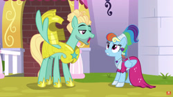 Size: 1914x1069 | Tagged: safe, imported from derpibooru, screencap, rainbow dash, zephyr breeze, pony, sparkle's seven, armor, clothes, dress, female, male, megaradash, rainbow dash always dresses in style, royal guard armor, royal guard zephyr breeze