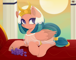 Size: 3800x3000 | Tagged: safe, artist:xsatanielx, imported from derpibooru, somnambula, pegasus, pony, bed, clothes, female, food, grapes, hat, mare, prone, rcf community, solo