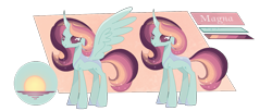 Size: 1503x611 | Tagged: safe, artist:verona-5i, imported from derpibooru, oc, oc only, oc:magna, changepony, hybrid, pony, female, offspring, parent:princess celestia, parent:thorax, parents:thoralestia, reference sheet, simple background, solo