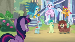 Size: 1920x1080 | Tagged: safe, imported from derpibooru, screencap, gallus, ocellus, sandbar, silverstream, smolder, twilight sparkle, yona, alicorn, changedling, changeling, classical hippogriff, dragon, earth pony, griffon, hippogriff, pony, yak, uprooted, bow, butt, cloven hooves, colored hooves, dragoness, female, flying, hair bow, jewelry, male, monkey swings, necklace, plot, student six, teenager, twilight sparkle (alicorn)