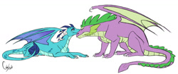 Size: 1280x536 | Tagged: safe, artist:colourstrike, imported from derpibooru, princess ember, spike, dragon, dragoness, duo, emberspike, female, male, nuzzling, older, older spike, shipping, simple background, straight, white background