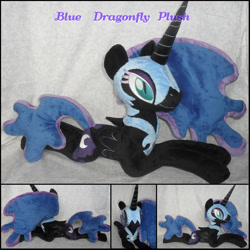 Size: 2200x2200 | Tagged: safe, artist:bluedragonflyplush, imported from derpibooru, nightmare moon, alicorn, pony, female, folded wings, horn, irl, mare, photo, plushie, prone, slit eyes, slit pupils, solo, wings