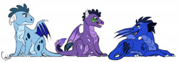 Size: 1280x448 | Tagged: safe, artist:colourstrike, imported from derpibooru, oc, oc only, oc:gail, oc:glaze(dragon), oc:torch, dragon, baby, baby dragon, female, male, offspring, parent:princess ember, parent:spike, parents:emberspike, siblings, simple background, trio, white background