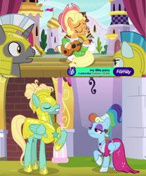 Size: 1280x1540 | Tagged: safe, imported from derpibooru, screencap, applejack, rainbow dash, zephyr breeze, pegasus, pony, unicorn, sparkle's seven, apple chord, comparison, female, guardian angel (g4), guardsmare, hoof shoes, male, mare, megaradash, rainbow dash always dresses in style, royal guard, royal guard zephyr breeze, stallion, unicorn royal guard