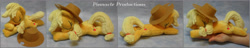 Size: 4239x816 | Tagged: safe, artist:bluedragonflyplush, imported from derpibooru, applejack, earth pony, pony, applejack's hat, beanie (plushie), cowboy hat, female, hand, hat, irl, mare, photo, plushie, prone, solo