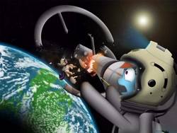 Size: 8000x6000 | Tagged: safe, artist:d0ct0r-what, imported from derpibooru, rainbow dash, twilight sparkle, alicorn, pony, absurd resolution, astronaut, debris, duo, explosion, planet, space, spacesuit, stars, twilight sparkle (alicorn), unconscious