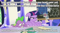 Size: 960x540 | Tagged: safe, imported from derpibooru, screencap, spike, twilight sparkle, alicorn, dragon, pony, season 9, sparkle's seven, chalkboard, chart, duo, floppy ears, friendship throne, grumpy face, meme, sonny corleone, the family, the godfather, twilight sparkle (alicorn), unamused, vito corleone, winged spike, wings