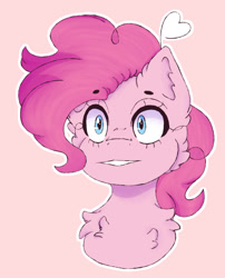 Size: 803x995 | Tagged: safe, artist:lucky-em, imported from derpibooru, pinkie pie, pony, bust, cheek fluff, chest fluff, cute, diapinkes, ear fluff, female, heart, pink background, portrait, simple background, solo