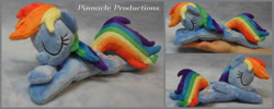 Size: 5000x2000 | Tagged: safe, artist:bluedragonflyplush, imported from derpibooru, rainbow dash, pegasus, pony, eyes closed, female, folded wings, hand, irl, mare, photo, plushie, prone, sleeping, solo, wings