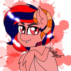 Size: 691x685 | Tagged: safe, artist:kellysans, imported from derpibooru, oc, oc:darkyron bladebood, demon, demon pony, original species, abstract background, male, signature, slit eyes, slit pupils