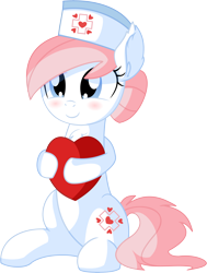 Size: 5622x7436 | Tagged: safe, artist:cyanlightning, imported from derpibooru, nurse redheart, earth pony, pony, .svg available, absurd resolution, blushing, cute, ear fluff, female, hat, heart, heartabetes, holding, mare, nurse hat, pillow, pun, simple background, sitting, smiling, solo, transparent background, vector, visual pun