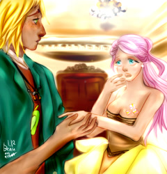 Size: 1024x1068 | Tagged: safe, artist:beauonther, imported from derpibooru, big macintosh, fluttershy, human, alternative cutie mark placement, boobie mark, breasts, cleavage, clothes, dress, female, fluttermac, holding hands, humanized, male, moderate dark skin, shipping, straight