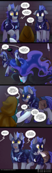 Size: 950x3142 | Tagged: safe, artist:cosmalumi, artist:its-gloomy, imported from derpibooru, nightmare moon, oc, oc:bright eyes, oc:fenix, oc:quake, pony, unicorn, comic:ask queen moon, tumblr:ask queen moon, cloak, clothes, comic, ethereal mane, female, fire, mare, night guard, saddle bag, starry mane, torch