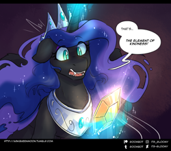 Size: 950x837 | Tagged: safe, artist:cosmalumi, artist:its-gloomy, imported from derpibooru, nightmare moon, pony, tumblr:ask queen moon, element of kindness, ethereal mane, female, glowing horn, magic, starry mane, telekinesis