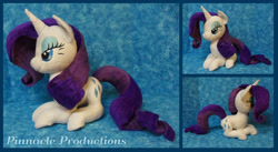 Size: 2560x1400 | Tagged: safe, artist:bluedragonflyplush, imported from derpibooru, rarity, pony, unicorn, female, horn, irl, mare, photo, plushie, prone, sitting, solo