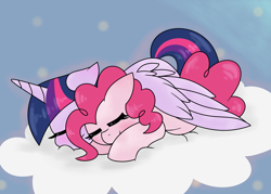 Size: 3088x2216 | Tagged: safe, artist:mississippikite, imported from derpibooru, pinkie pie, twilight sparkle, alicorn, earth pony, pony, 30 day otp challenge, cloud, cuddling, cute, diapinkes, eyes closed, female, hnnng, hug, lesbian, mare, shipping, sleeping, smiling, twiabetes, twilight sparkle (alicorn), twinkie, winghug