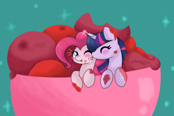 Size: 5176x3448 | Tagged: safe, artist:mississippikite, imported from derpibooru, pinkie pie, twilight sparkle, alicorn, pony, 30 day otp challenge, blushing, bowl, cute, diapinkes, eyes closed, female, food, ice cream, lesbian, licking, mare, messy, one eye closed, shipping, sky, stars, tongue out, twiabetes, twilight sparkle (alicorn), twinkie