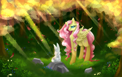 Size: 1024x650 | Tagged: safe, artist:purediamond360, imported from derpibooru, angel bunny, fluttershy, pegasus, pony, female, forest, mare, tree