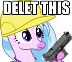 Size: 363x313 | Tagged: safe, edit, edited screencap, imported from derpibooru, screencap, silverstream, classical hippogriff, hippogriff, non-compete clause, caption, delet this, emote, female, glock, gun, handgun, hard hat, image macro, jewelry, meme, necklace, no trigger discipline, pistol, simple background, solo, text, transparent background, weapon