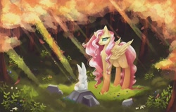 Size: 1024x650 | Tagged: dead source, safe, artist:purediamond360, imported from derpibooru, angel bunny, fluttershy, pegasus, pony, cute, female, forest, mare, shyabetes, tree