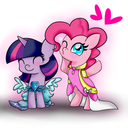 Size: 834x834 | Tagged: safe, artist:mississippikite, imported from derpibooru, pinkie pie, twilight sparkle, alicorn, earth pony, pony, 30 day otp challenge, bipedal, chibi, clothes, coronation dress, cute, diapinkes, dress, eyes closed, female, heart, hnnng, kissy face, lesbian, one eye closed, pose, princess dress, shipping, simple background, sitting, smiling, standing, twiabetes, twilight sparkle (alicorn), twinkie, white background, wink
