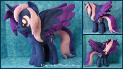 Size: 1280x720 | Tagged: safe, artist:bluedragonflyplush, imported from derpibooru, oc, oc only, oc:moondream, alicorn, pony, female, horn, irl, mare, photo, plushie, solo, spread wings, standing, wings