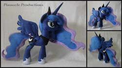 Size: 1024x576 | Tagged: safe, artist:bluedragonflyplush, imported from derpibooru, princess luna, alicorn, pony, female, hoof shoes, horn, irl, jewelry, mare, peytral, photo, plushie, regalia, solo, spread wings, standing, wings
