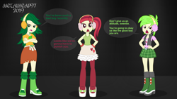 Size: 8000x4500 | Tagged: safe, artist:metalhead97, imported from derpibooru, cherry crash, rose heart, sweet leaf, equestria girls, angry, boots, breasts, clothes, commission, earmuffs, female, looking at you, open mouth, shoes, show accurate, speech bubble