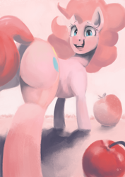 Size: 3508x4960 | Tagged: safe, artist:toisanemoif, imported from derpibooru, pinkie pie, pony, balloonbutt, butt, cherry, female, food, looking at you, looking back, looking back at you, mare, open mouth, plot, simple background, solo, strawberry, teeth
