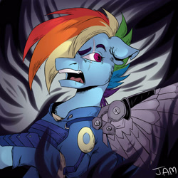 Size: 2500x2500 | Tagged: safe, artist:jamz-artz, imported from derpibooru, rainbow dash, pony, abstract background, alternate timeline, amputee, apocalypse dash, armor, artificial wings, augmented, clothes, crystal war timeline, eye scar, female, floppy ears, hair over one eye, mare, mechanical wing, open mouth, prosthetic limb, prosthetic wing, prosthetics, scar, solo, torn ear, uniform, wings
