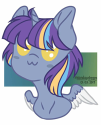 Size: 800x992 | Tagged: safe, artist:moondaydream, imported from derpibooru, oc, oc only, oc:twinkle starstone, alicorn, pony, :3, alicorn oc, bust, chibi, eyelashes, horn, no pupils, signature, smiling, spread wings, two toned wings, wings, ych result