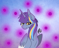 Size: 615x499 | Tagged: safe, artist:lilac love, imported from derpibooru, oc, oc only, oc:twinkle starstone, alicorn, pony, alicorn oc, eyelashes, female, gradient background, half body, horn, lidded eyes, looking at you, mare, polka dots, signature, smiling, solo, wings